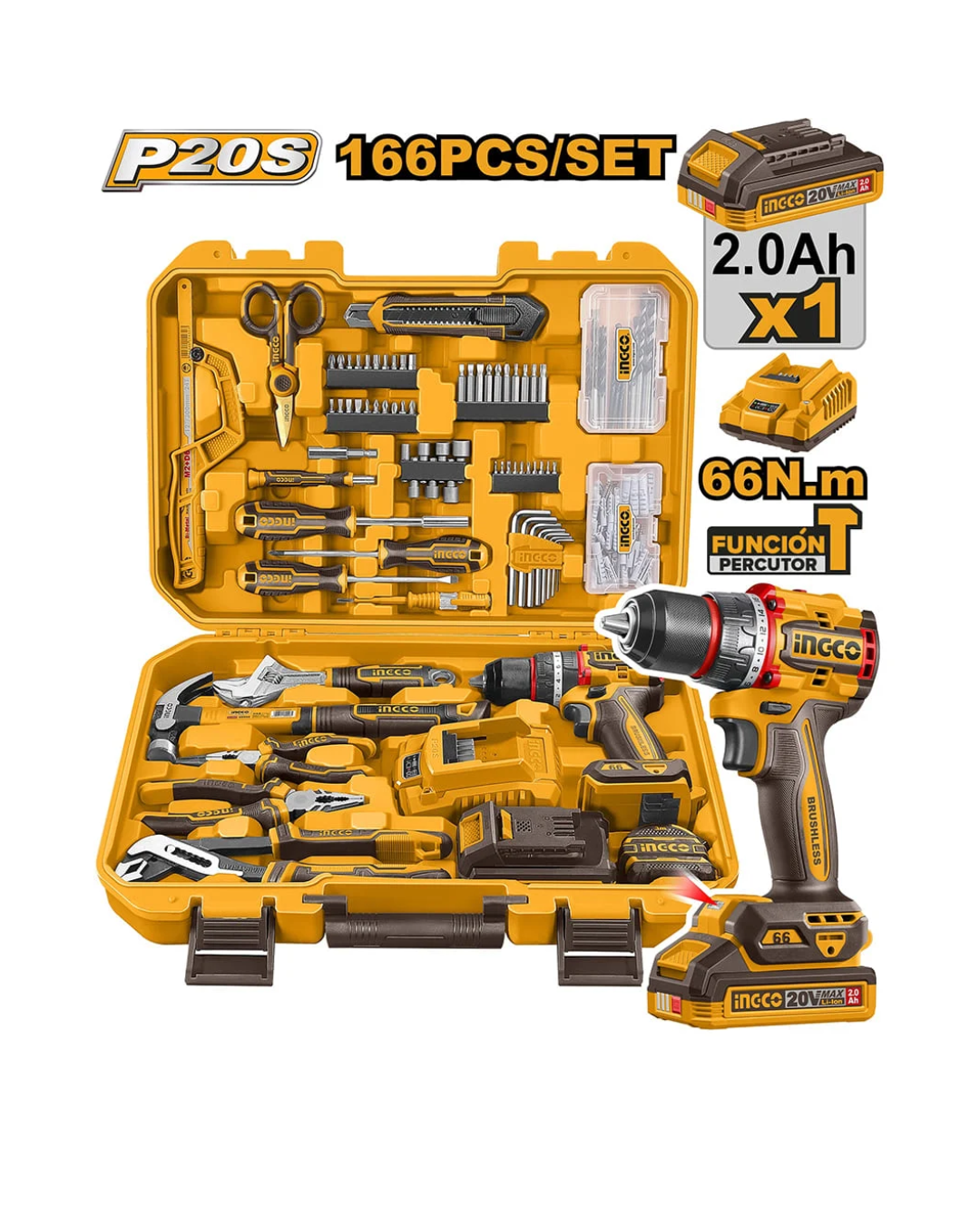 TALADRO PERCUTOR BRUSHLESS CHUCK METÁLICO INGCO 20V 66NM + 166 PIEZAS + 1 BATERÍA