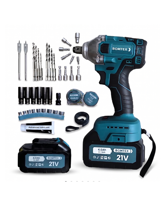 LLAVE DE IMPACTO INALÁMBRICA BOMTEX 21V 4.0AH + KIT COMPLETO DE ACCESORIOS ALTO TORQUE 450NM