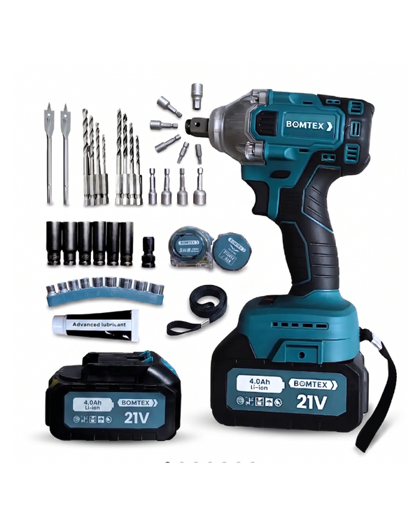 LLAVE DE IMPACTO INALÁMBRICA BOMTEX 21V 4.0AH + KIT COMPLETO DE ACCESORIOS ALTO TORQUE 450NM