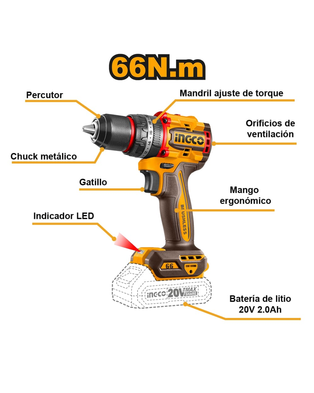TALADRO PERCUTOR BRUSHLESS CHUCK METÁLICO INGCO 20V 66NM + 166 PIEZAS + 1 BATERÍA
